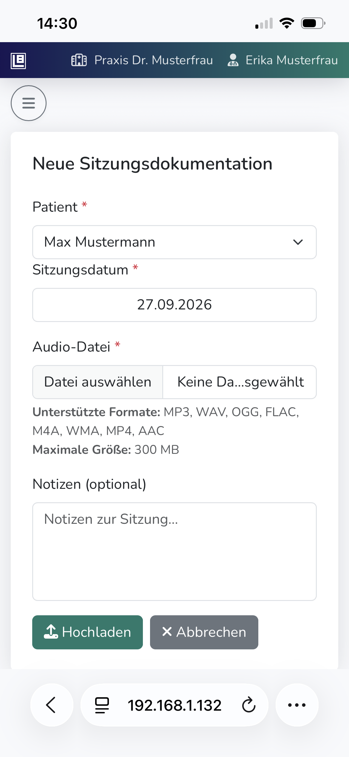 Formular Neue Sitzungsdokumentation