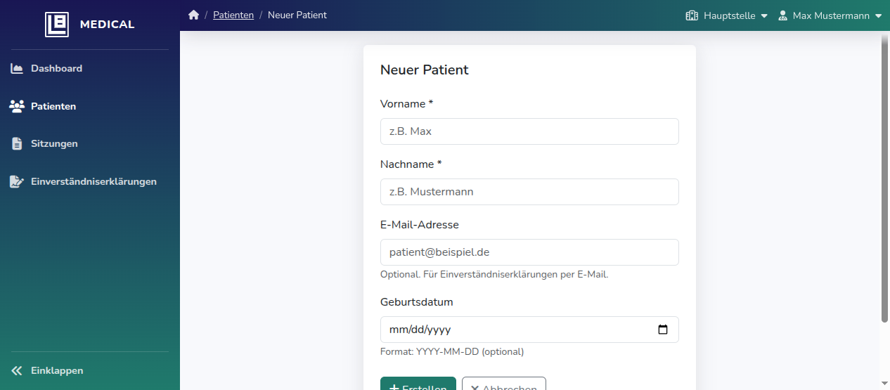 Neuer Patient Formular